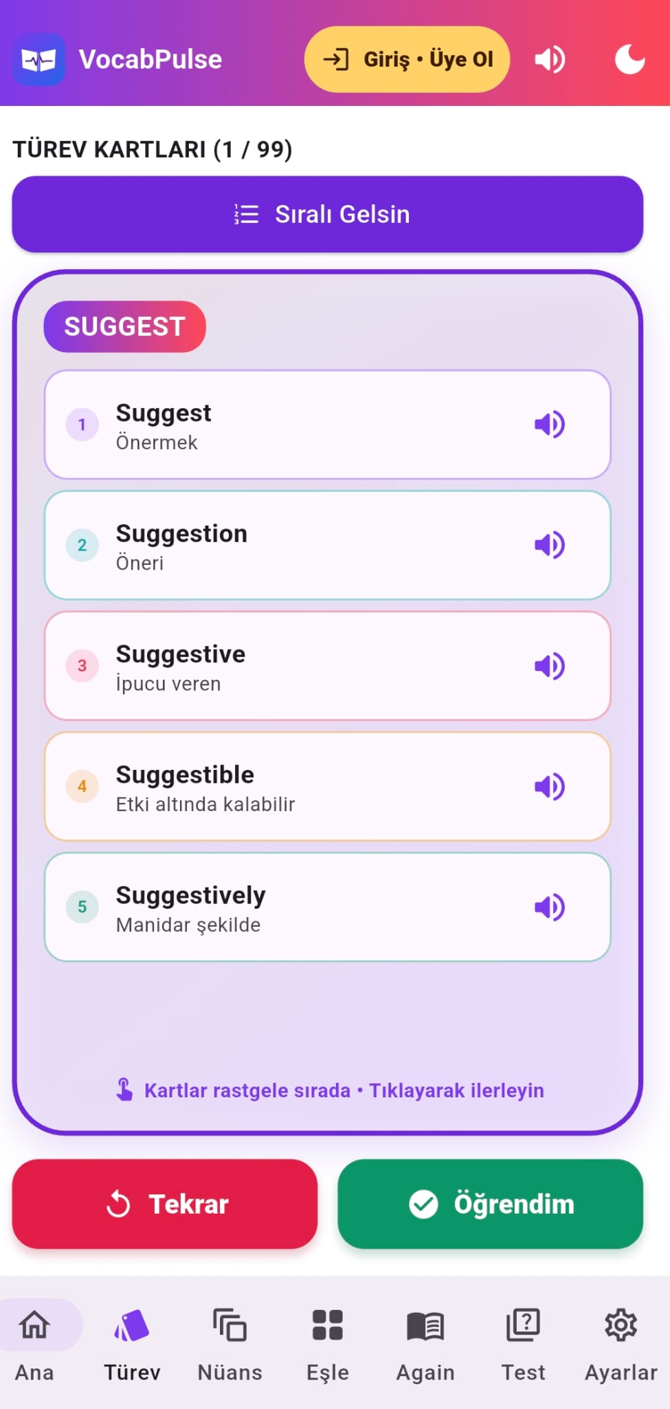 VocabPulse türev kartları ekranı: Suggest, Suggestion, Suggestive kelime kartları