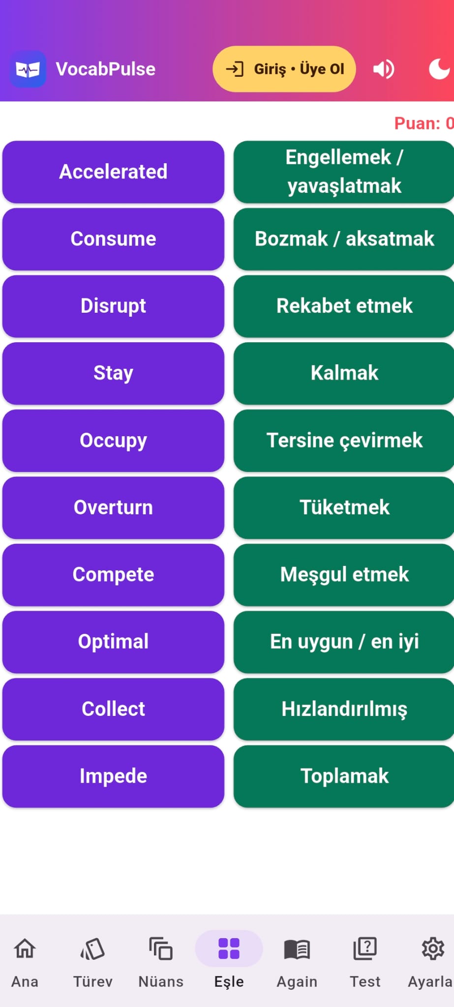 Eşle ekranı: İngilizce kelimeler ile Türkçe karşılıklarının eşleştirilmesi