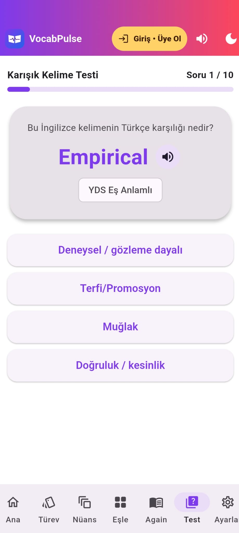 Karışık Kelime Testi ekranı: Empirical kelimesinin Türkçe karşılığı soruluyor
